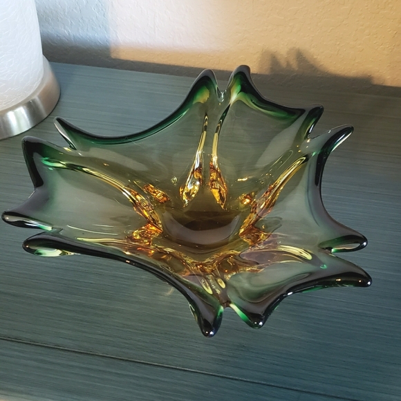 Vintage Handblown Green & Amber Art Glass Mid-Century Modern Art Deco Boho Bowl - Picture 4 of 13